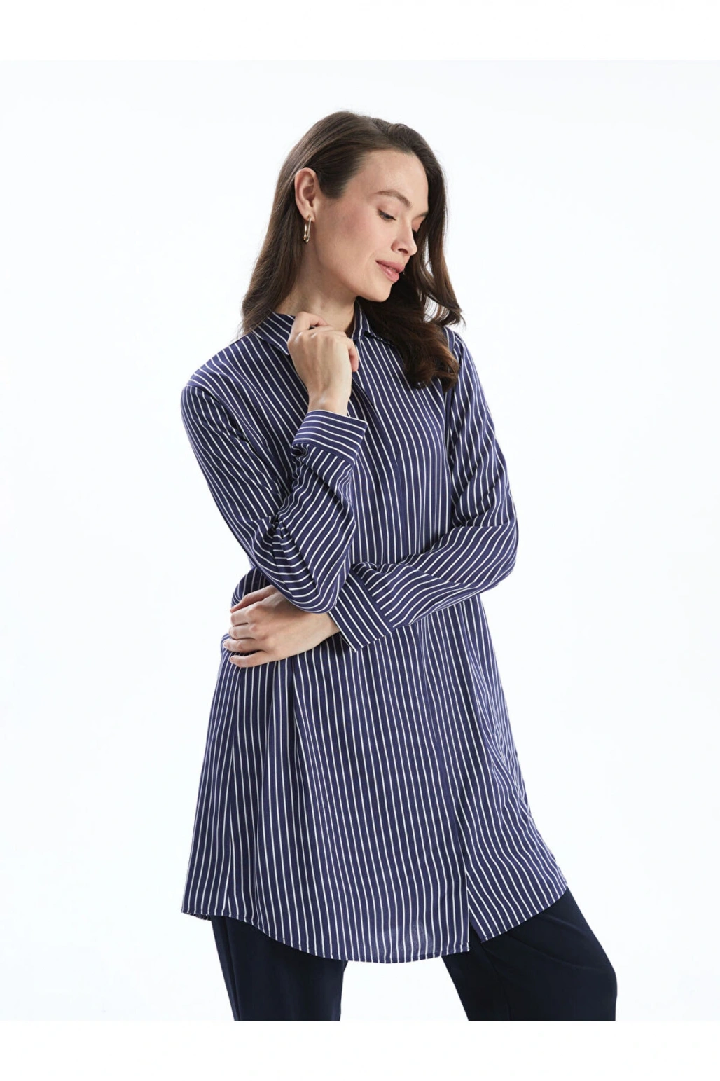 LCW Grace Lacivert Çizgili Poplin Kadın Gömlek Tunik