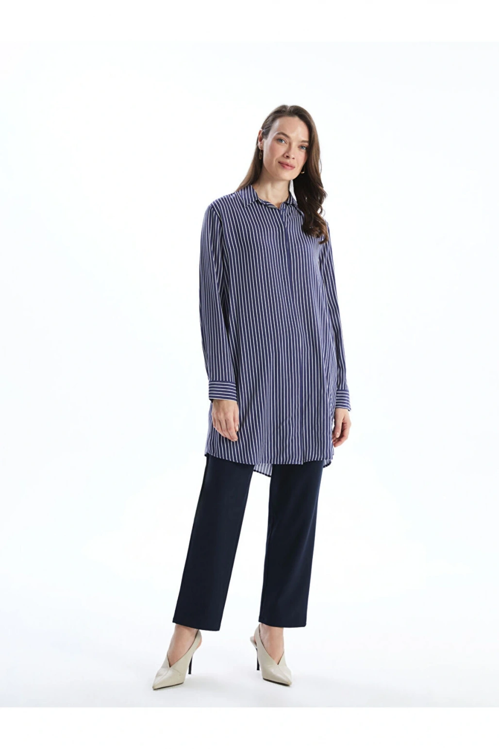 LCW Grace Lacivert Çizgili Poplin Kadın Gömlek Tunik