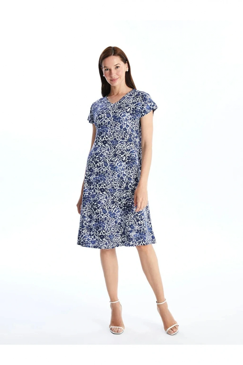 LCW Grace Lacivert V Yaka Çiçekli A Kesim Kadın Elbise