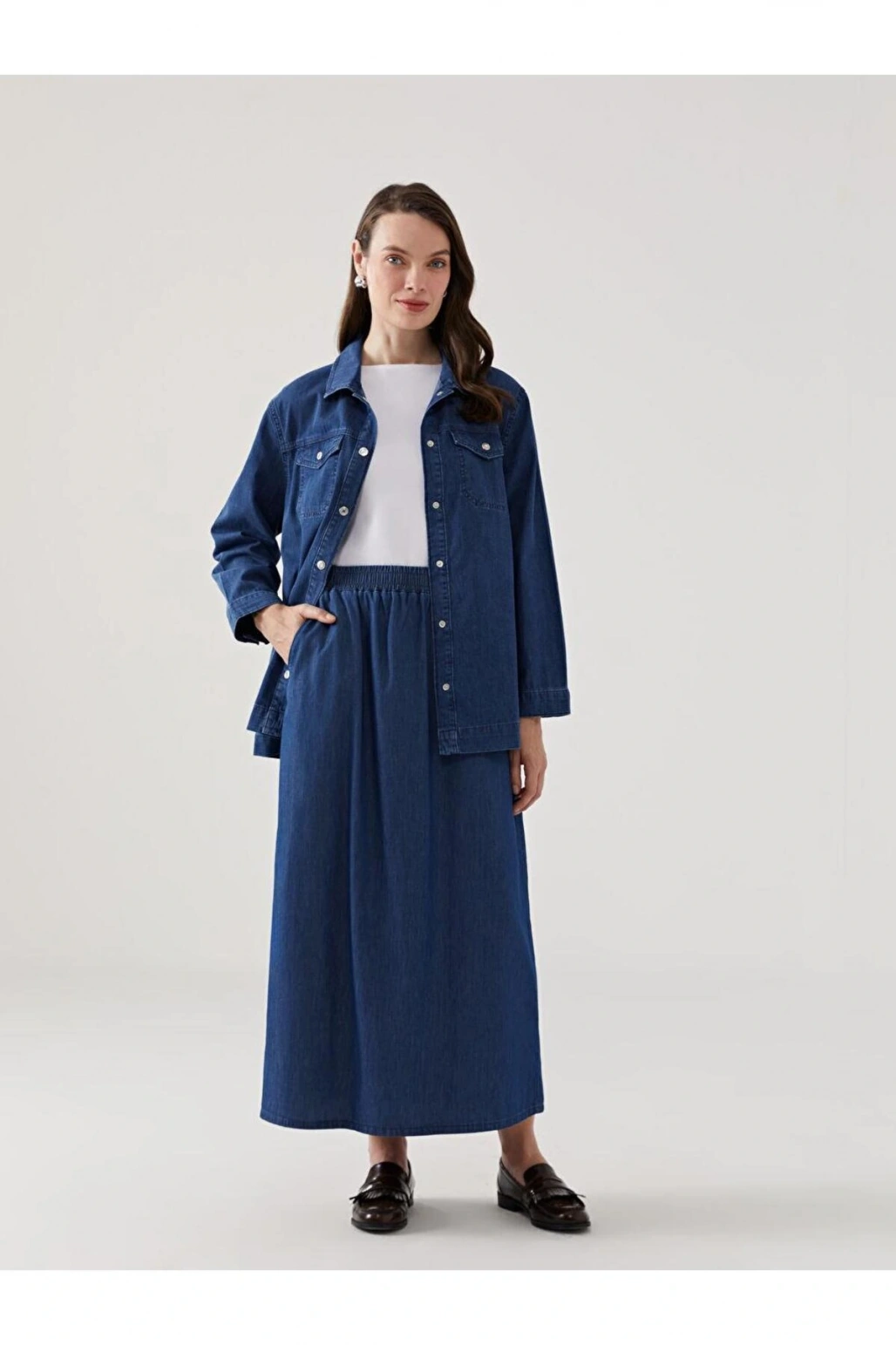 LCW Grace Mavi Beli Lastikli Kadın Jean Etek