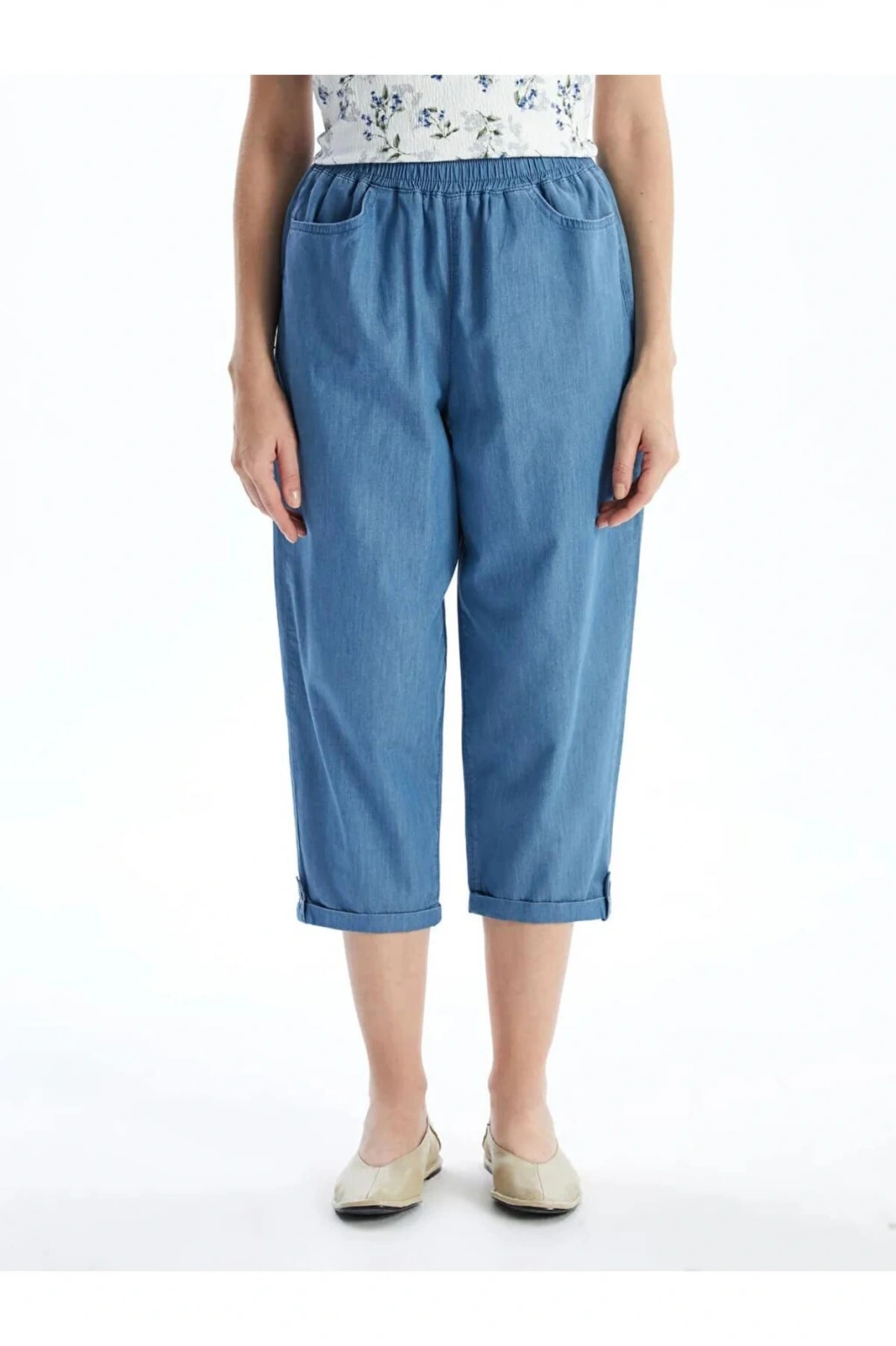 LCW Grace Mavi Beli Lastikli Kadın Jean Kapri