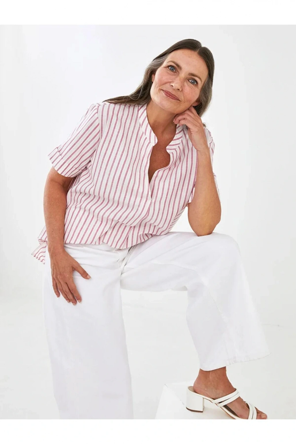 LCW Grace Pembe Kaçık Yaka Çizgili Kısa Kollu Pamuklu Kadın Bluz
