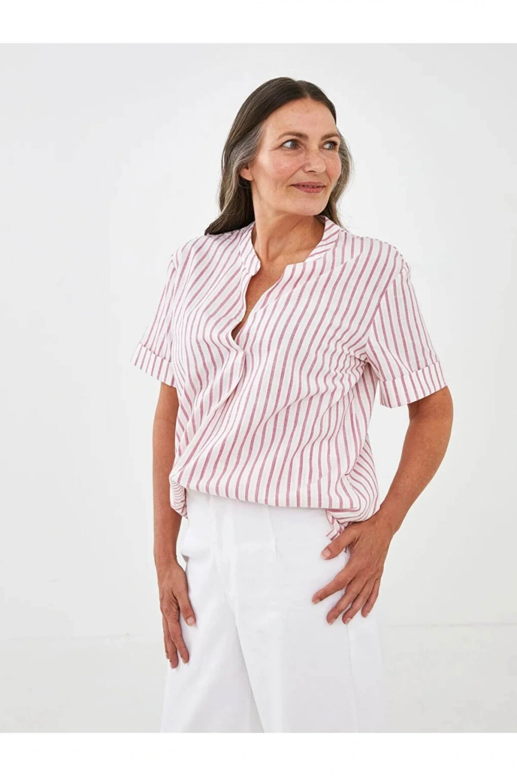 LCW Grace Pembe Kaçık Yaka Çizgili Kısa Kollu Pamuklu Kadın Bluz