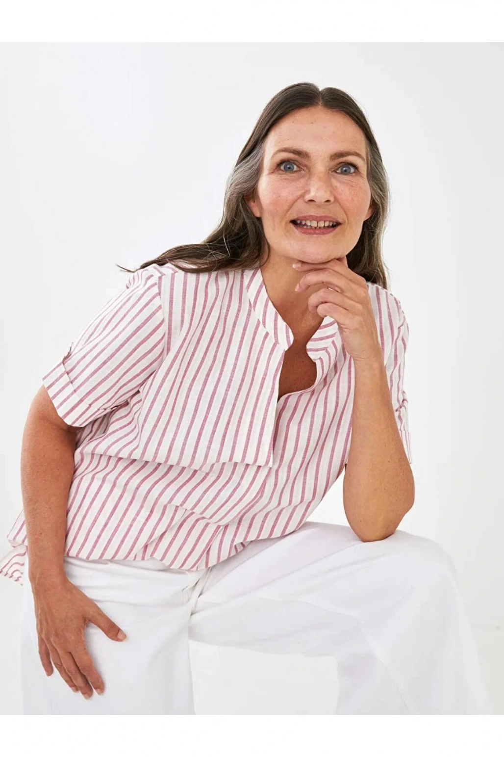 LCW Grace Pembe Kaçık Yaka Çizgili Kısa Kollu Pamuklu Kadın Bluz