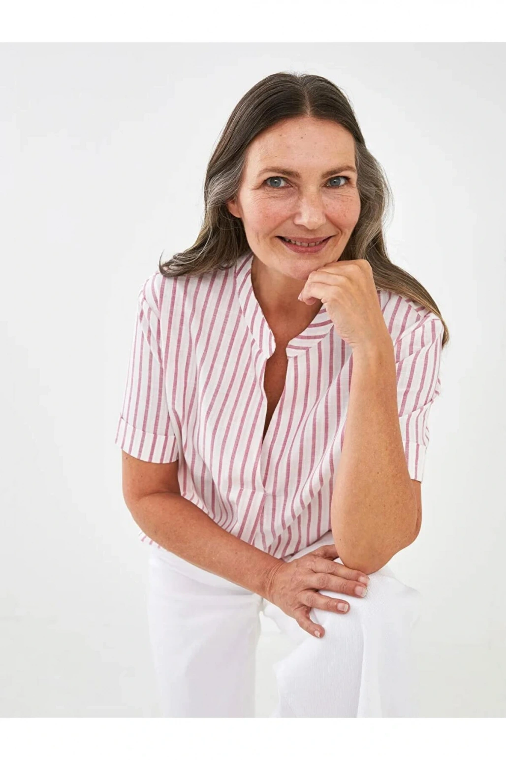 LCW Grace Pembe Kaçık Yaka Çizgili Kısa Kollu Pamuklu Kadın Bluz