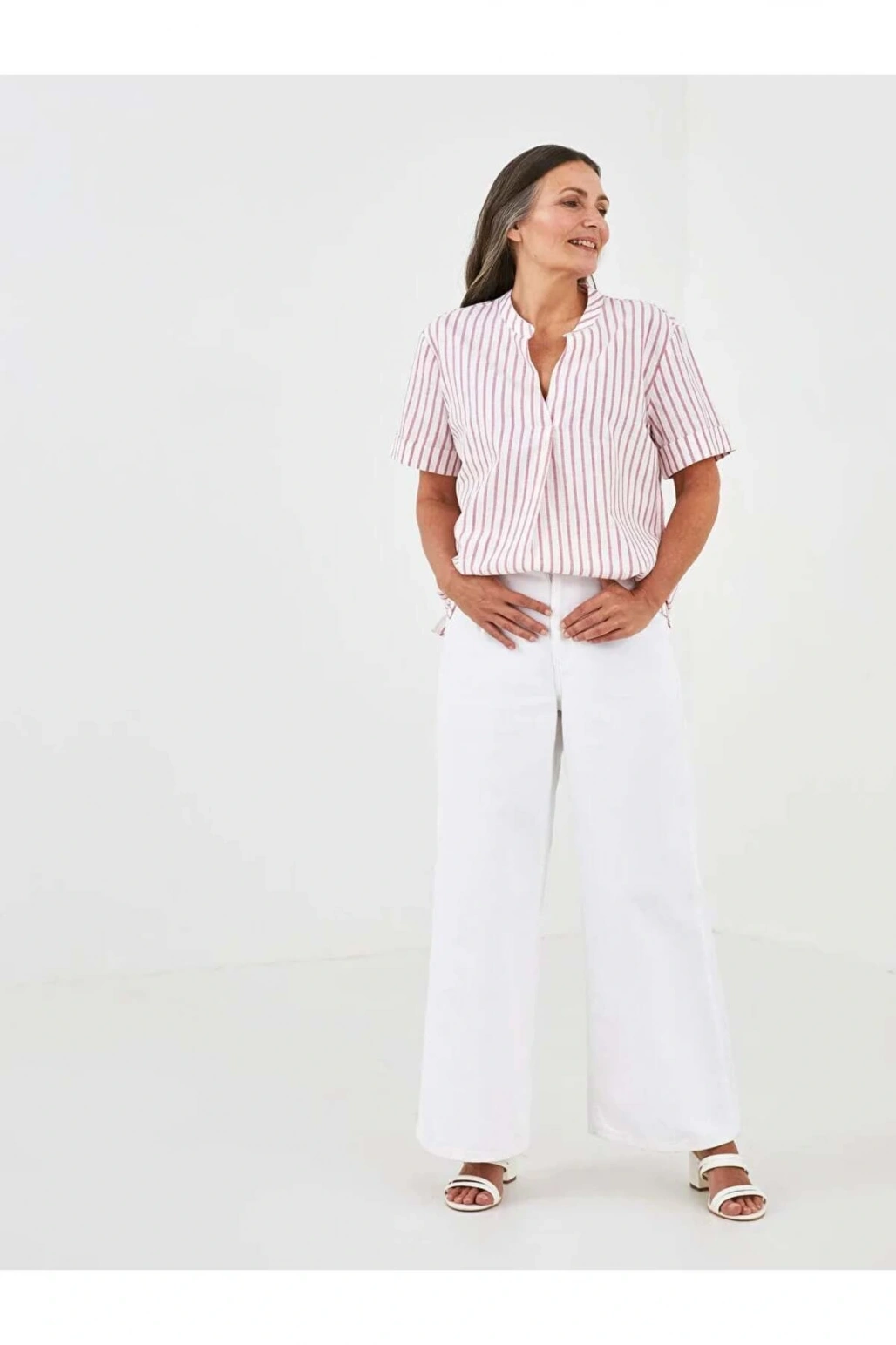 LCW Grace Pembe Kaçık Yaka Çizgili Kısa Kollu Pamuklu Kadın Bluz