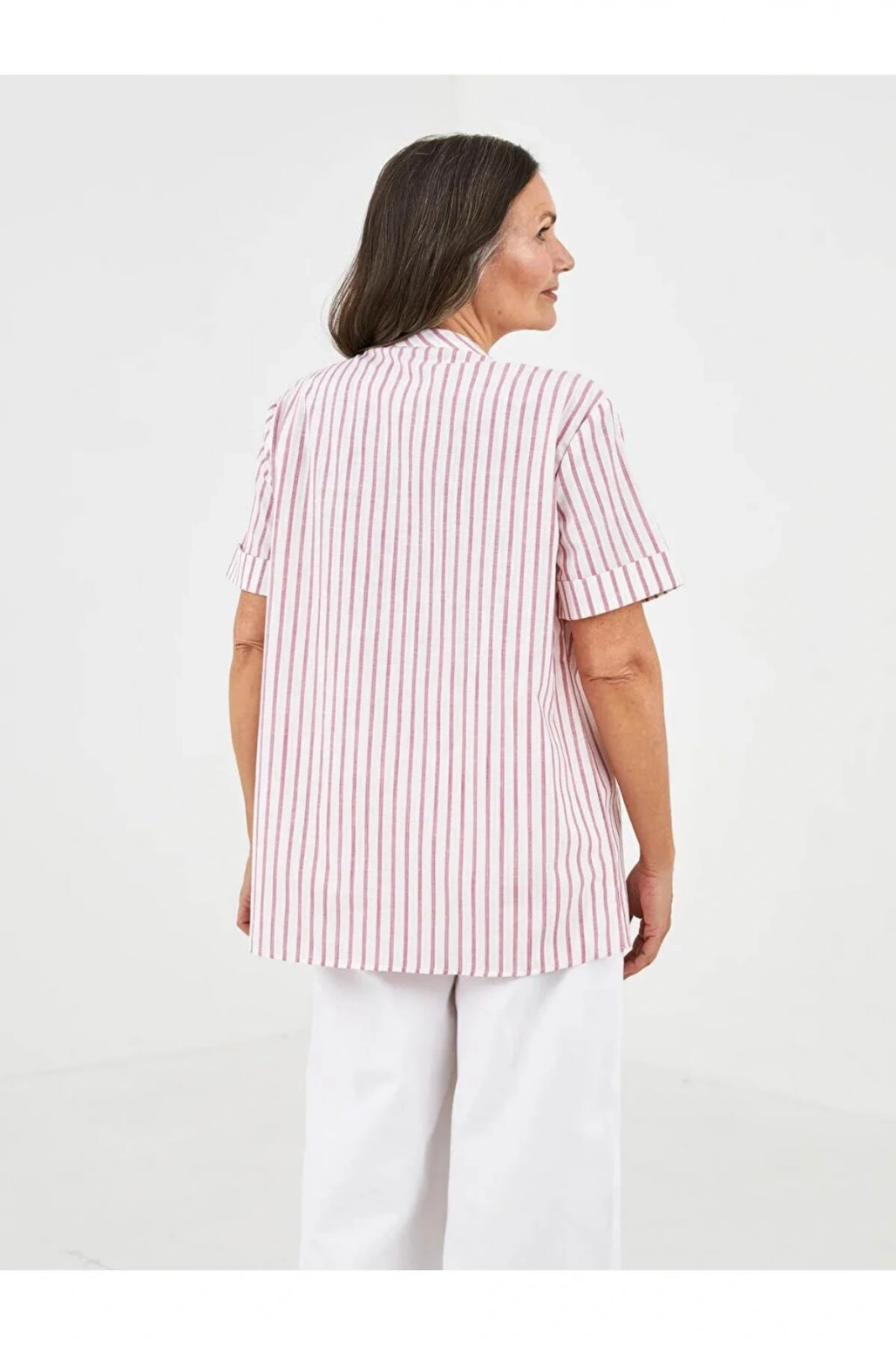 LCW Grace Pembe Kaçık Yaka Çizgili Kısa Kollu Pamuklu Kadın Bluz