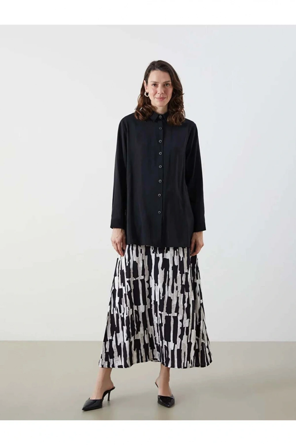 LCW Grace Siyah Beli Lastikli Desenli Etek