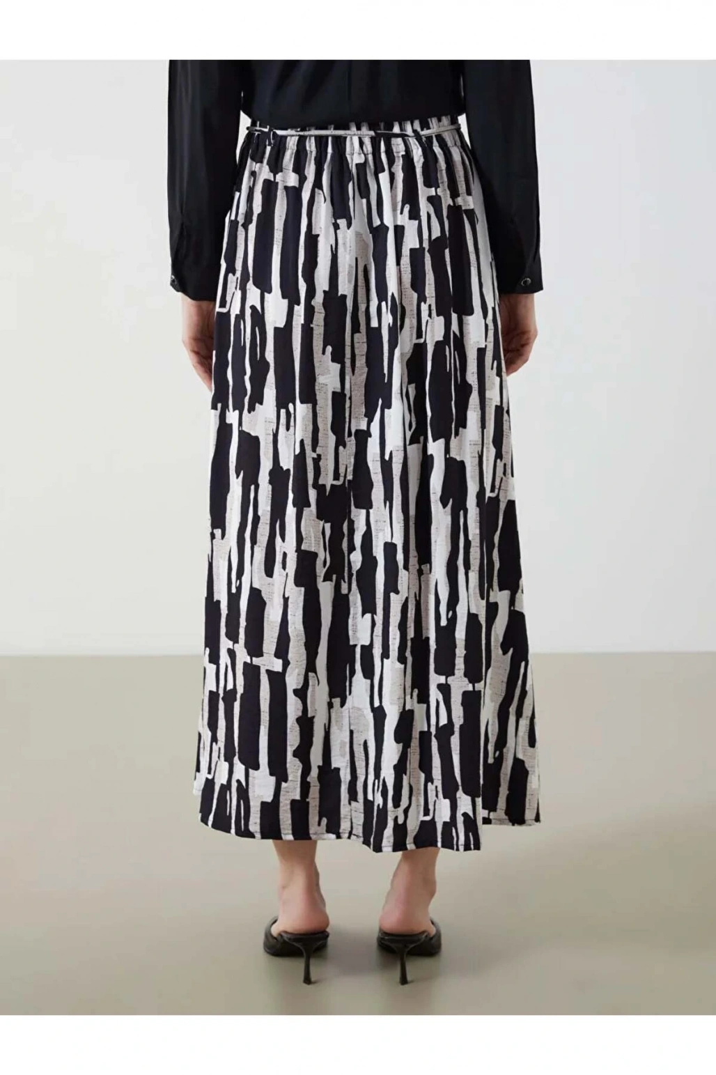 LCW Grace Siyah Beli Lastikli Desenli Etek