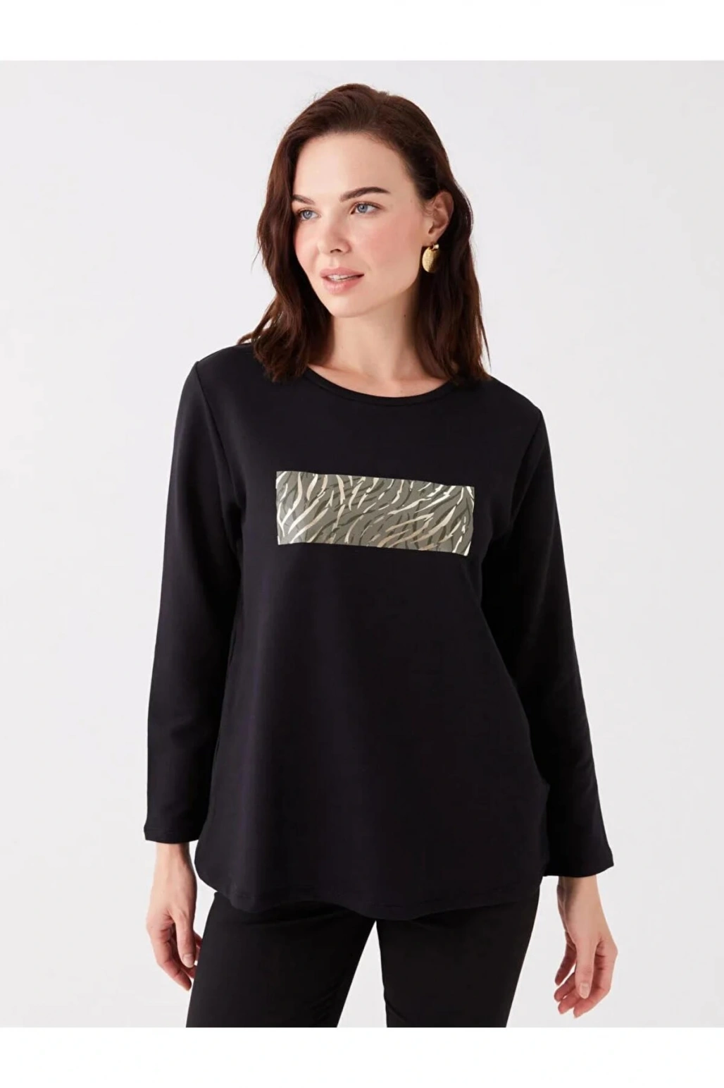 LCW Grace Siyah Bisiklet Yaka Baskılı Uzun Kollu Kadın Bluz