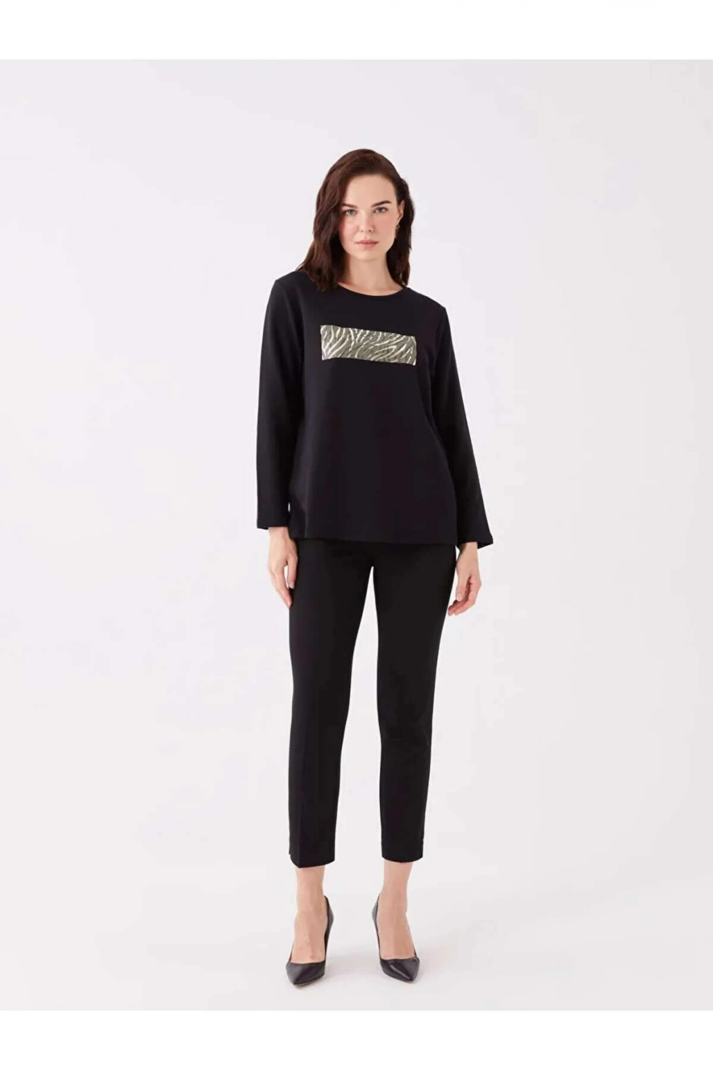 LCW Grace Siyah Bisiklet Yaka Baskılı Uzun Kollu Kadın Bluz