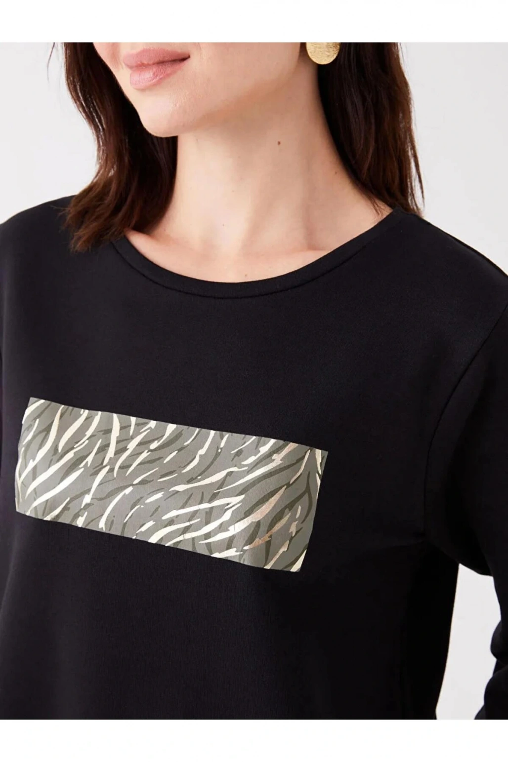 LCW Grace Siyah Bisiklet Yaka Baskılı Uzun Kollu Kadın Bluz