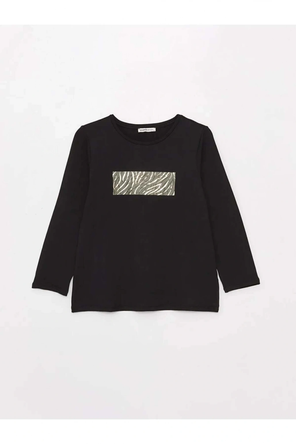 LCW Grace Siyah Bisiklet Yaka Baskılı Uzun Kollu Kadın Bluz