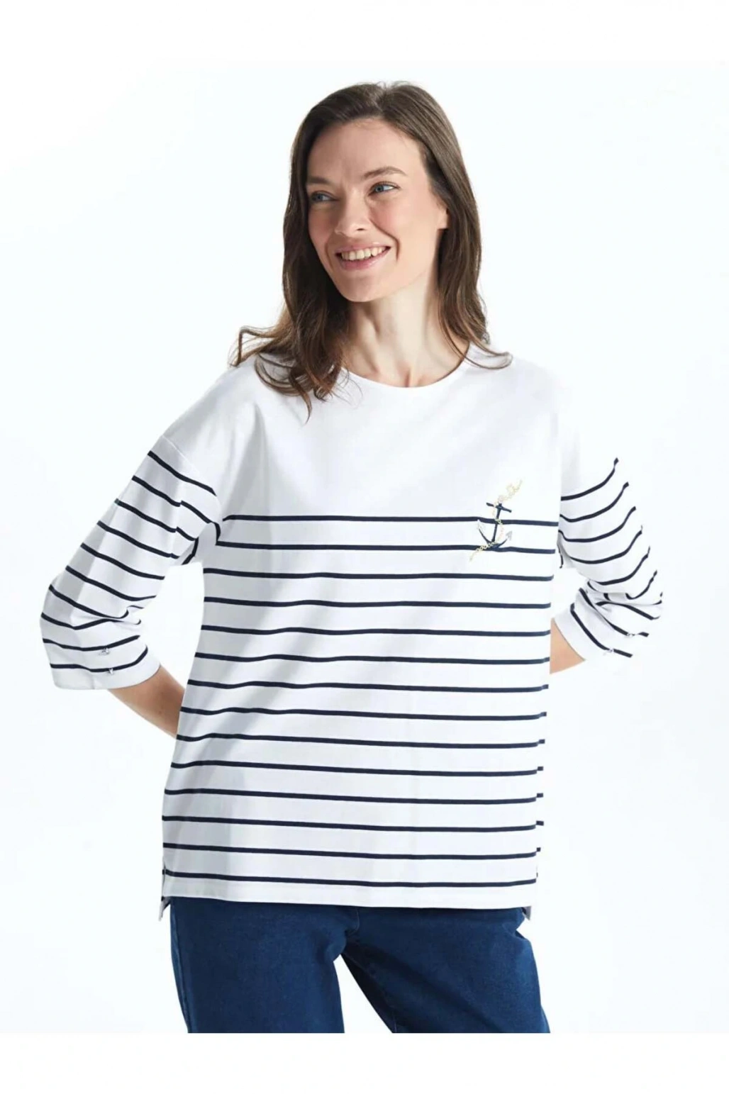 LCW Grace Siyah Bisiklet Yaka Çizgili Penye Kadın Tişört