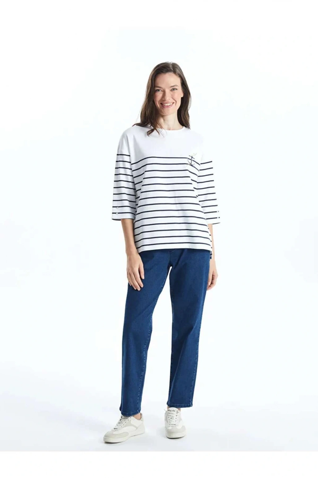 LCW Grace Siyah Bisiklet Yaka Çizgili Penye Kadın Tişört