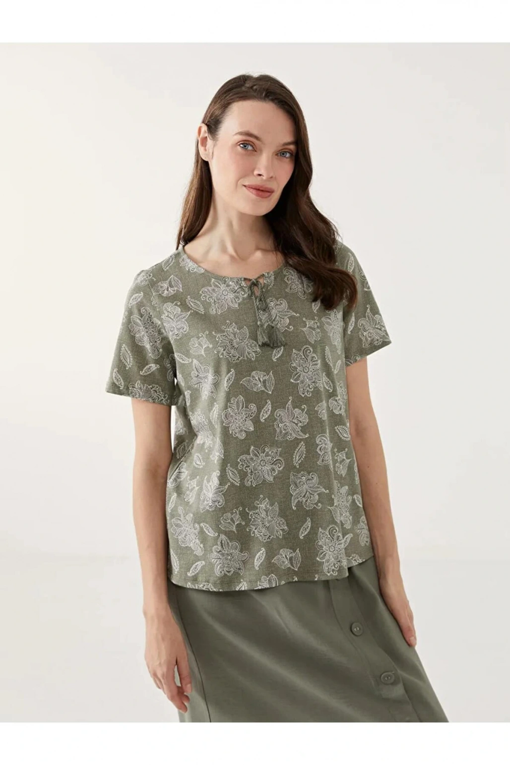 LCW Grace Yeşil Bağlamalı Yaka Çiçekli Kadın Bluz