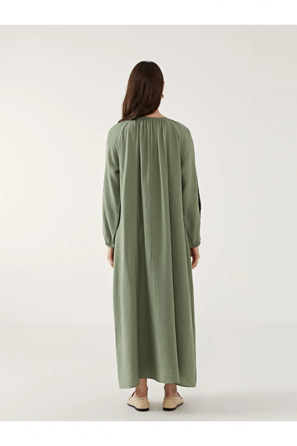 LCW Grace Yeşil Bisiklet Yaka Çiçek Nakışlı Kadın Elbise