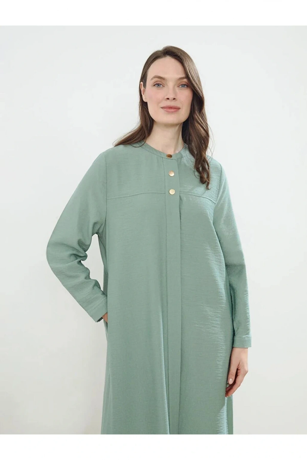 LCW Grace Yeşil Bisiklet Yaka Keten Görünümlü Ferace