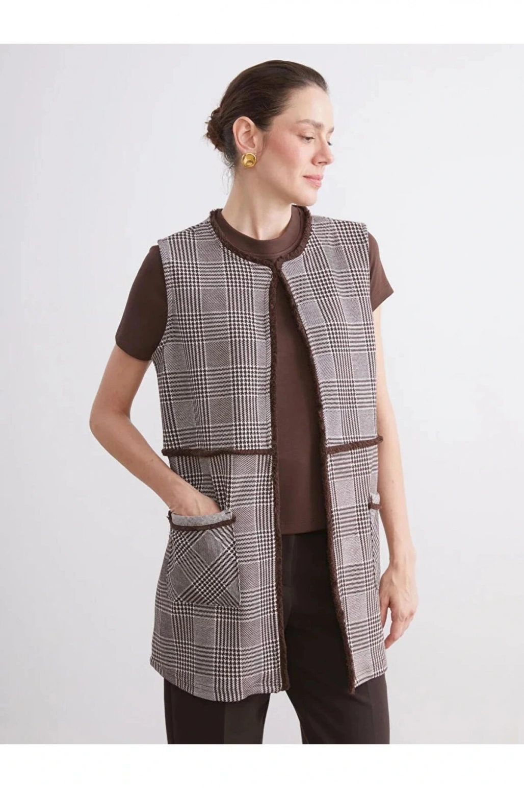 LCW GraceKahverengi Bisiklet Yaka Ekose Kadın Yelek