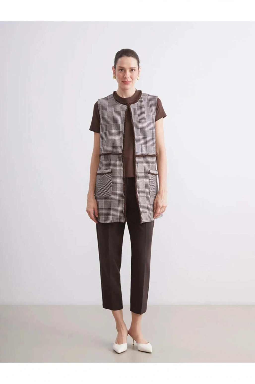 LCW GraceKahverengi Bisiklet Yaka Ekose Kadın Yelek