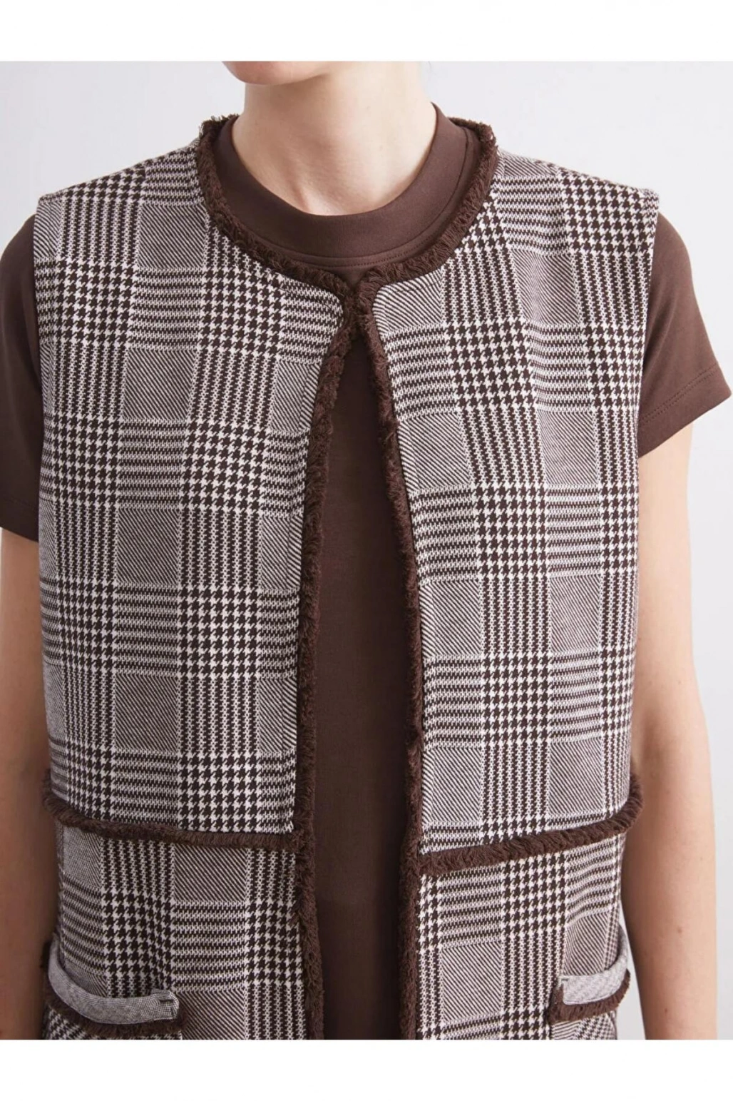 LCW GraceKahverengi Bisiklet Yaka Ekose Kadın Yelek