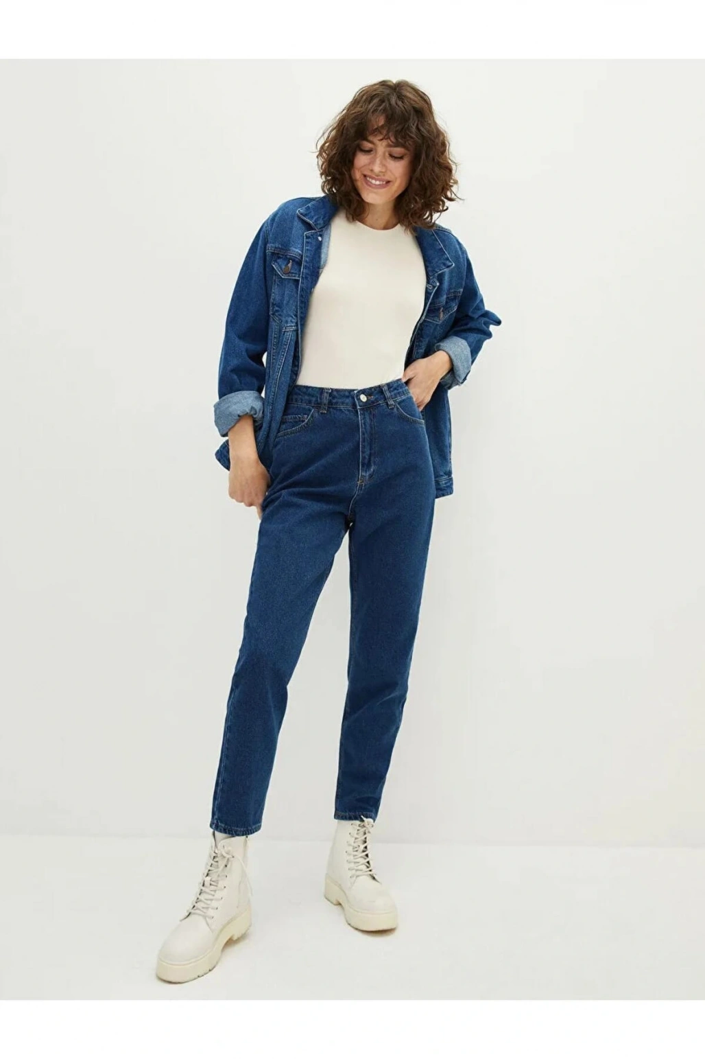 LCW Jeans İndigo Yüksel Bel Mom Fit Cep Detaylı Kadın Rodeo Jean Pantolon