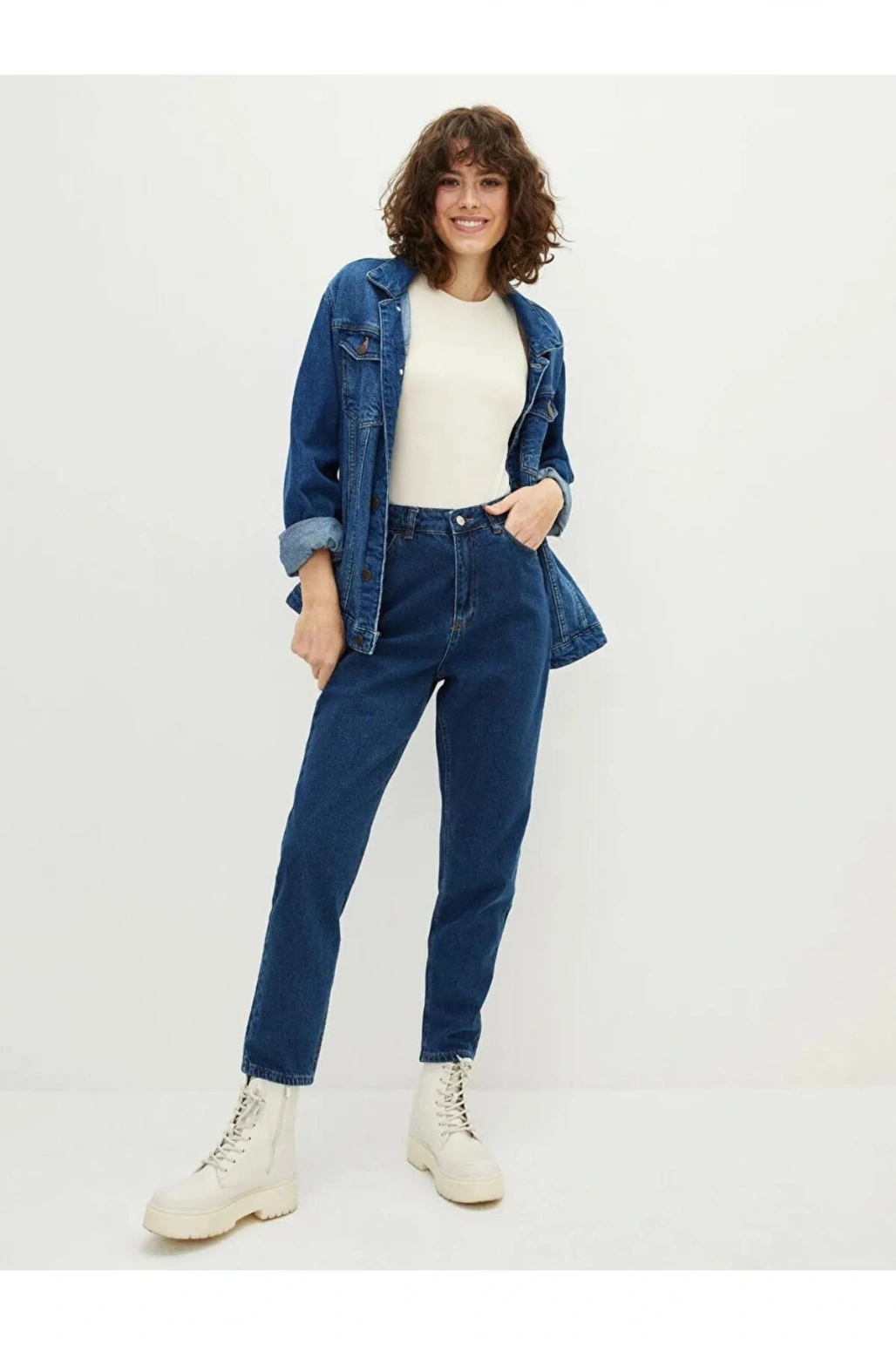 LCW Jeans İndigo Yüksel Bel Mom Fit Cep Detaylı Kadın Rodeo Jean Pantolon