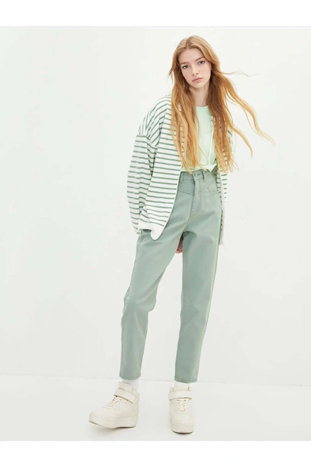 LCW Jeans Yeşil Yüksek Bel Mom Fit Düz Cep Detaylı Kadın Jean Pantolon