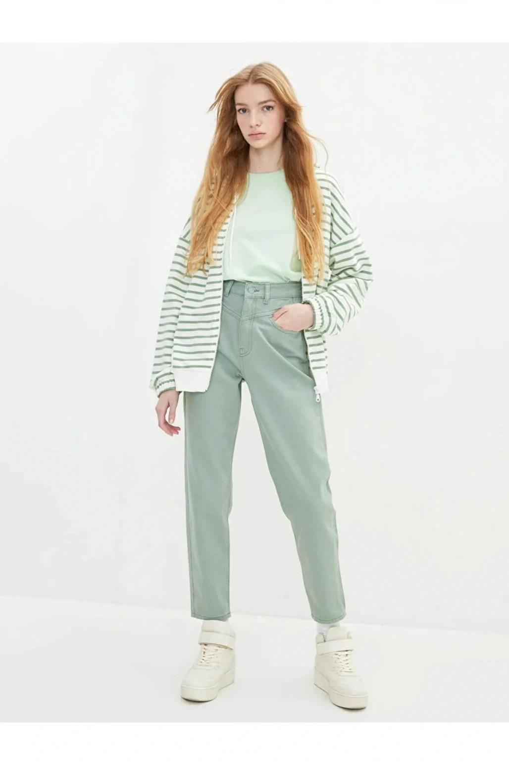 LCW Jeans Yeşil Yüksek Bel Mom Fit Düz Cep Detaylı Kadın Jean Pantolon