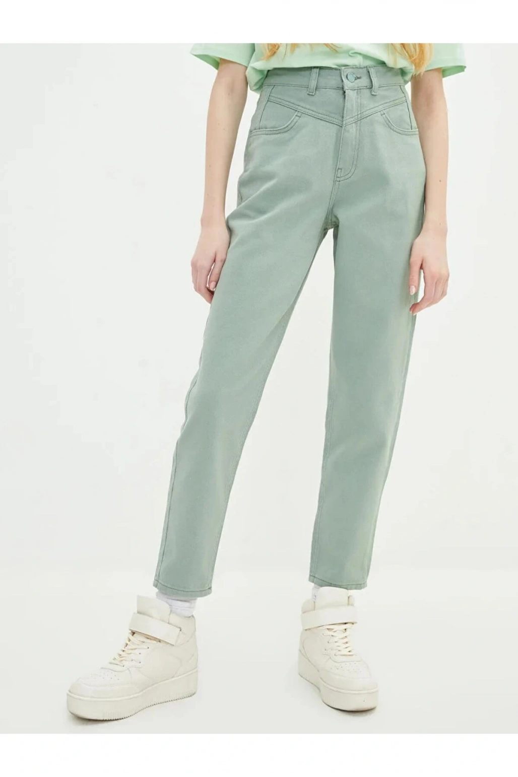 LCW Jeans Yeşil Yüksek Bel Mom Fit Düz Cep Detaylı Kadın Jean Pantolon