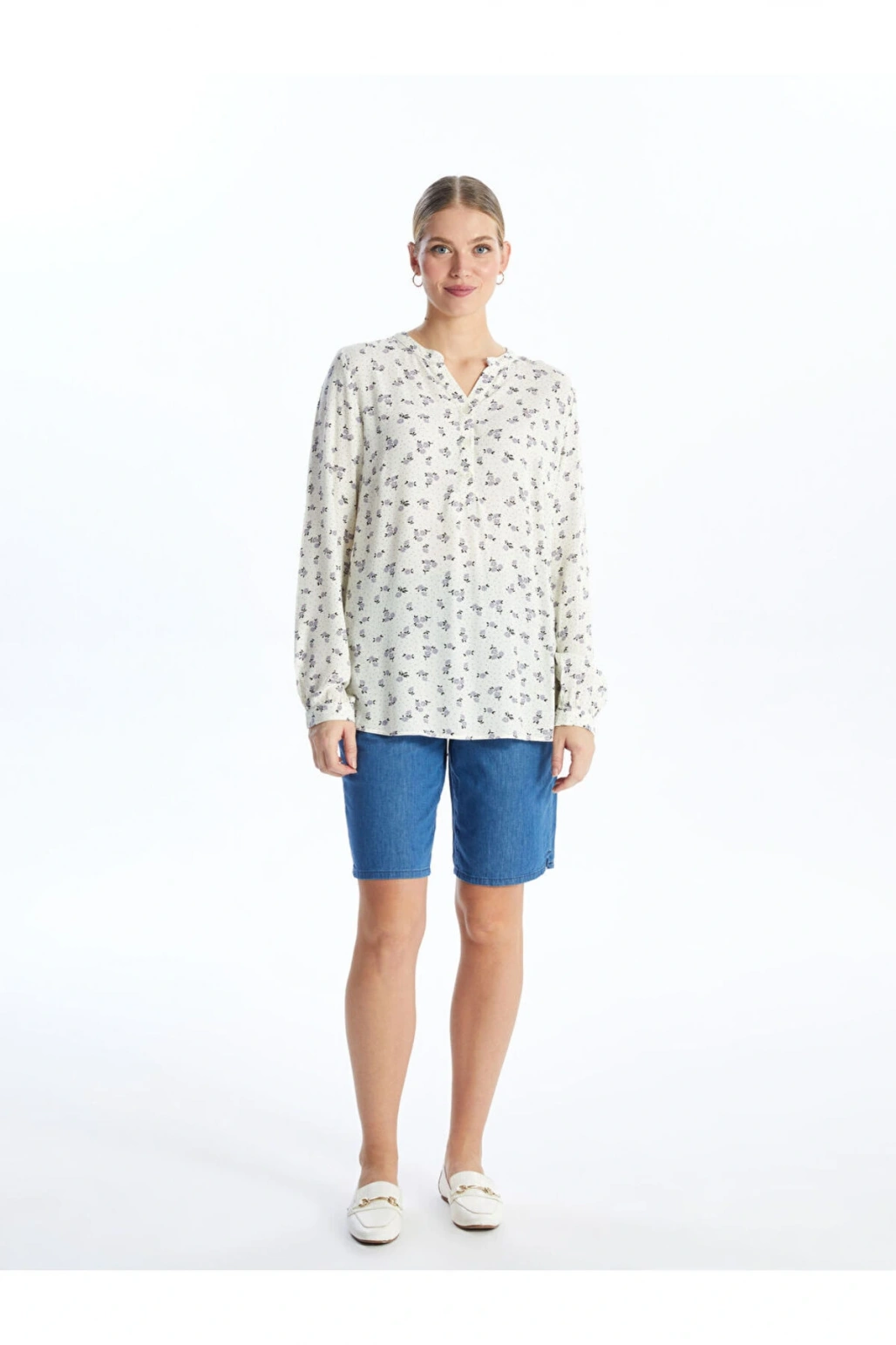 LCW Kaçık Yaka Desenli Uzun Kollu Kadın Bluz