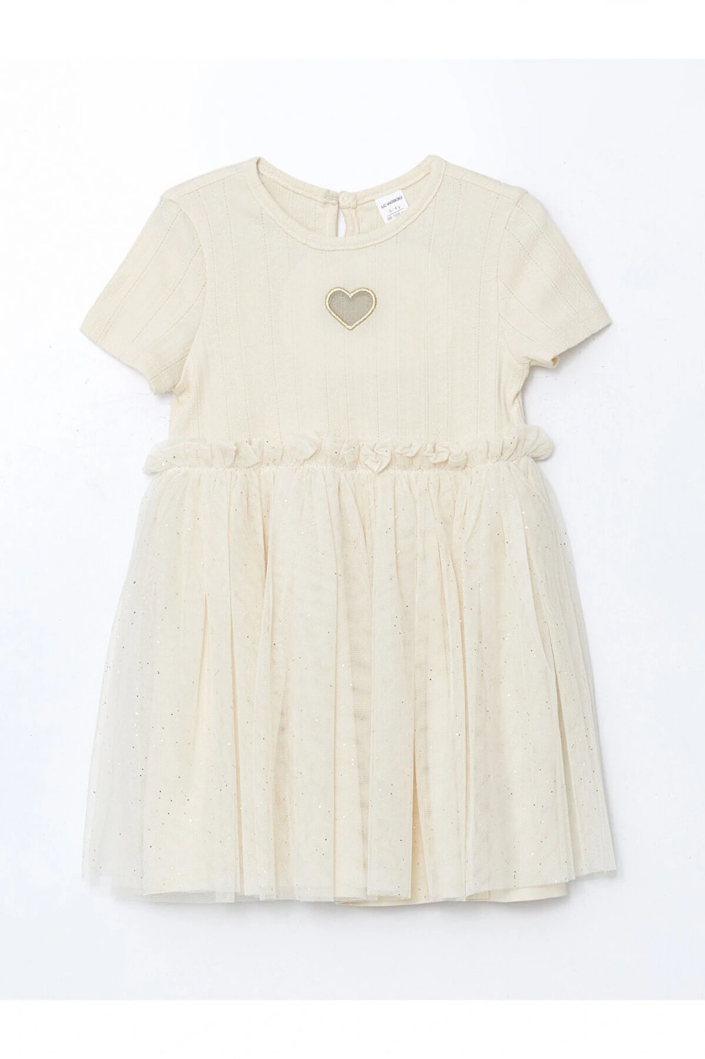 LCW Kids Bej Nakışlı Penye Tüllü Kız Çocuk Elbise