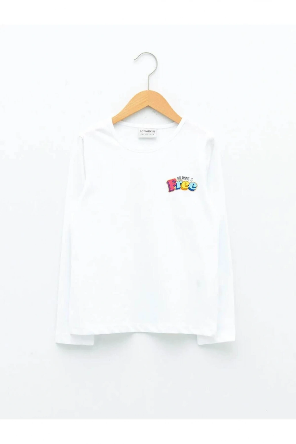 LCW Kids Beyaz Bisiklet Yaka Baskılı Uzun Kollu Kız Çocuk Tişört