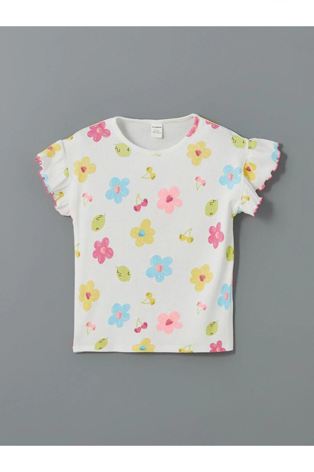 LCW Kids Beyaz Bisiklet Yaka Çiçekli Kız Çocuk Tişört