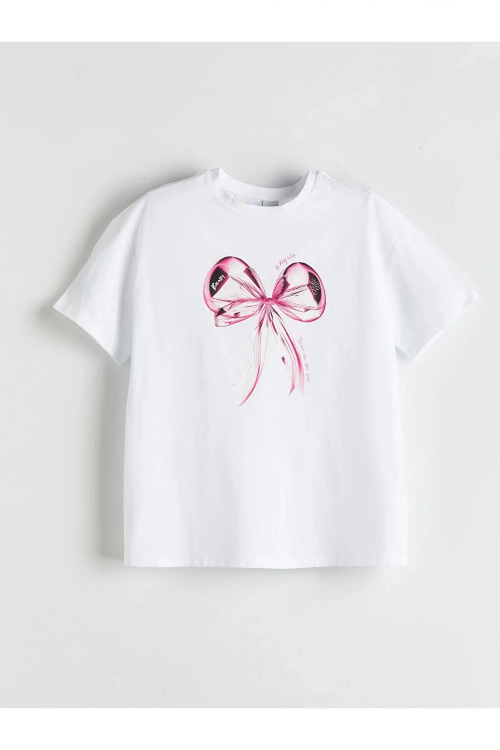 LCW Kids Beyaz Bisiklet Yaka Fiyonk Baskılı Kız Çocuk Tişört