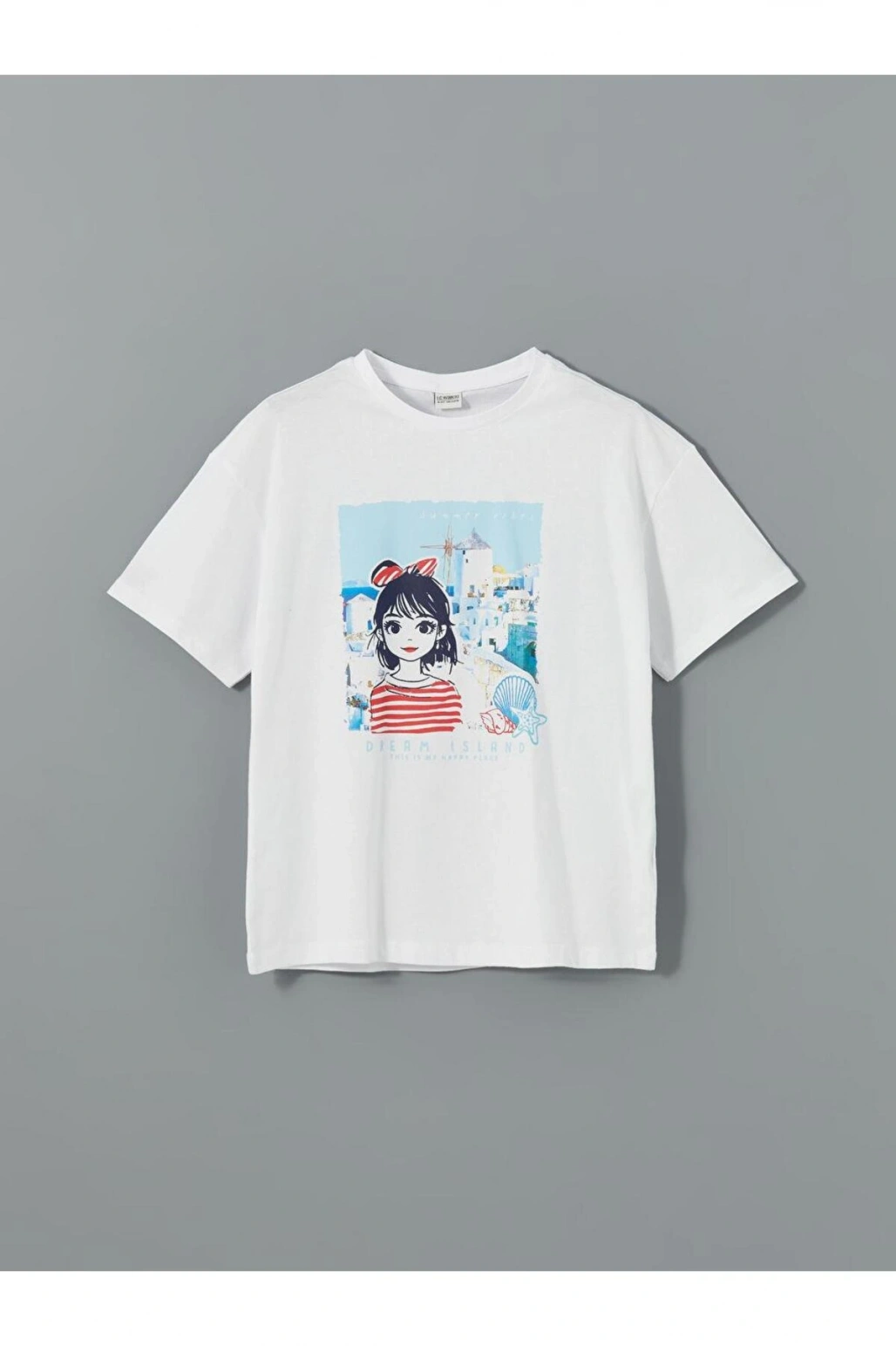 LCW Kids Beyaz Bisiklet Yaka Kız Çocuk Tişört