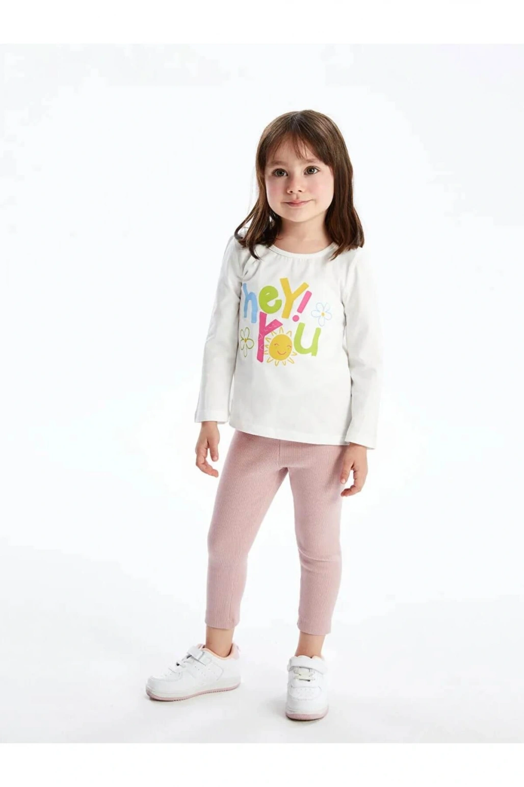 LCW Kids Beyaz Bisiklet Yaka Uzun Kollu Baskılı Kız Bebek Tişört ve Tayt 2li