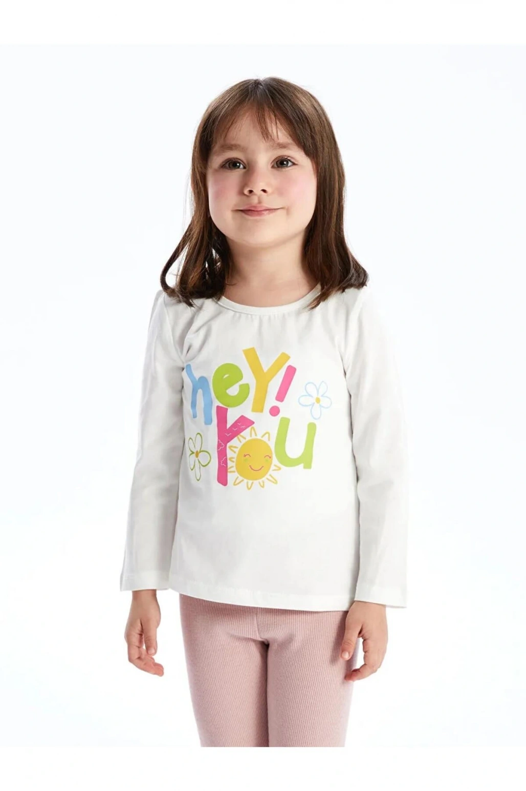 LCW Kids Beyaz Bisiklet Yaka Uzun Kollu Baskılı Kız Bebek Tişört ve Tayt 2li