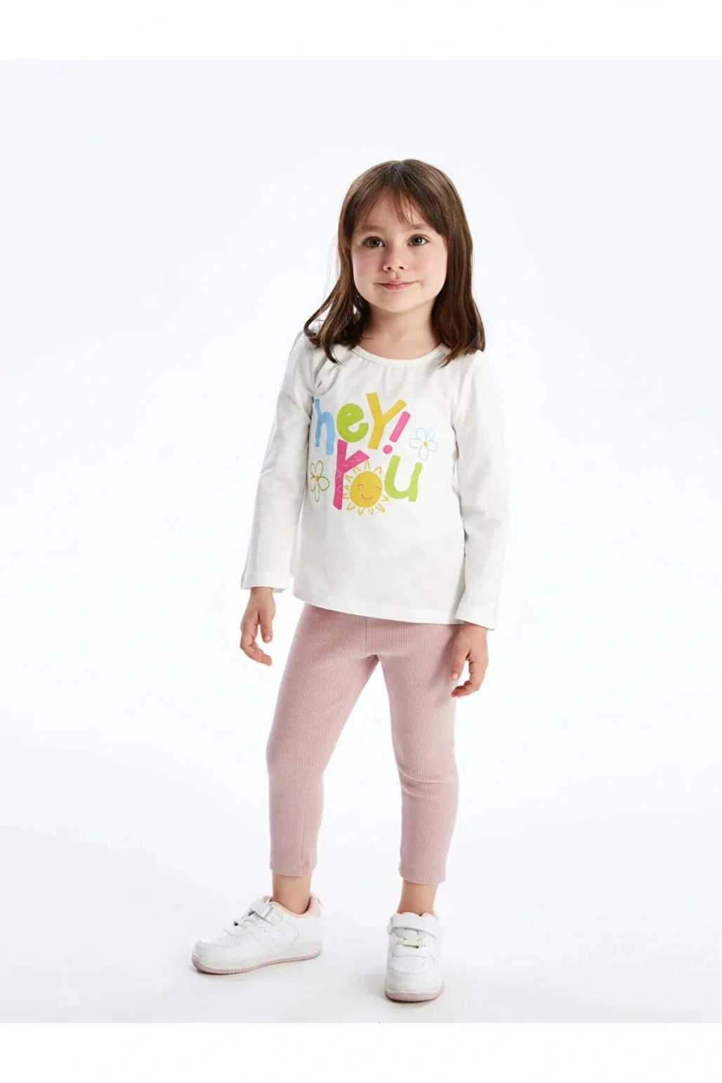 LCW Kids Beyaz Bisiklet Yaka Uzun Kollu Baskılı Kız Bebek Tişört ve Tayt 2li