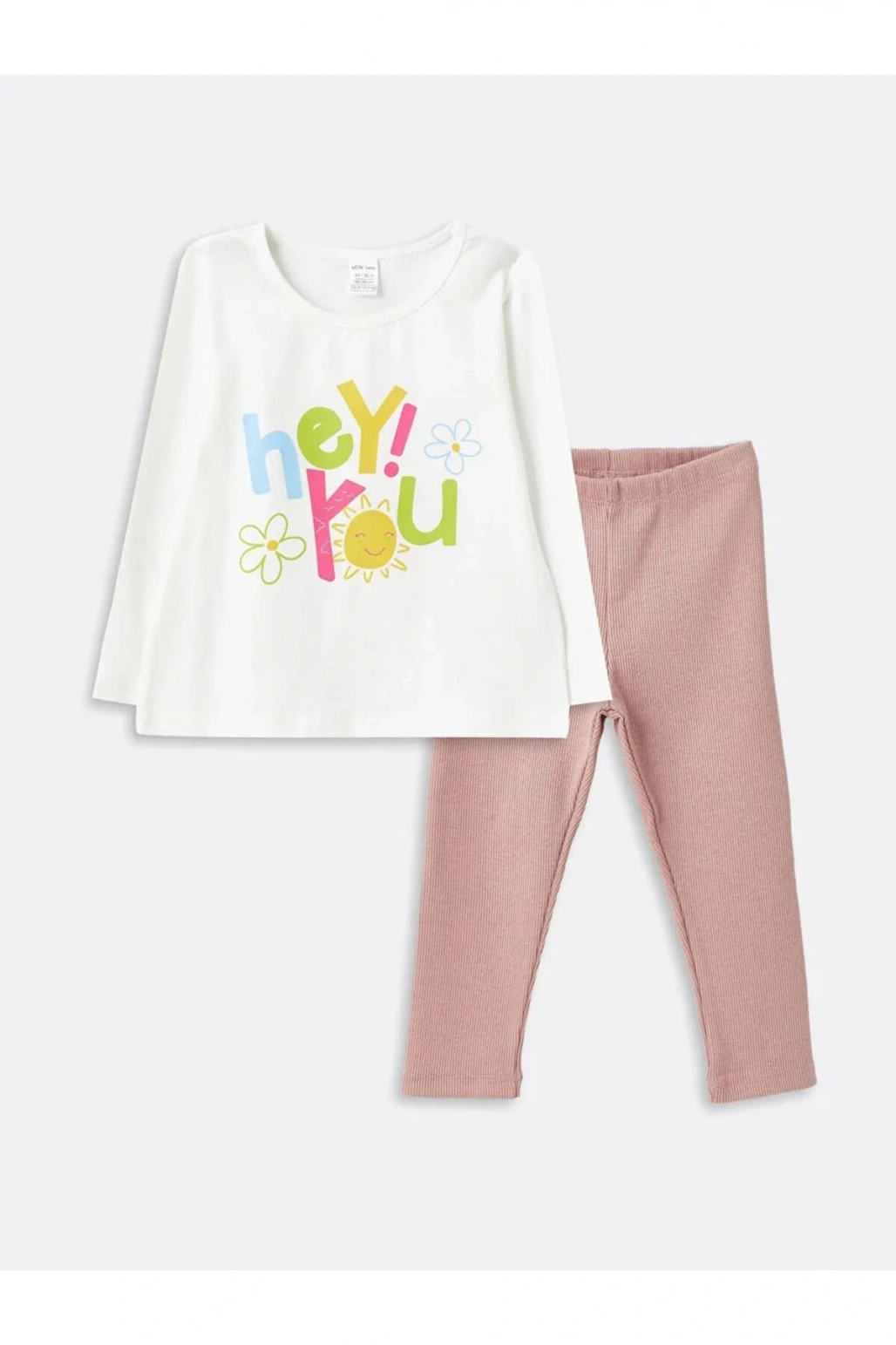 LCW Kids Beyaz Bisiklet Yaka Uzun Kollu Baskılı Kız Bebek Tişört ve Tayt 2li