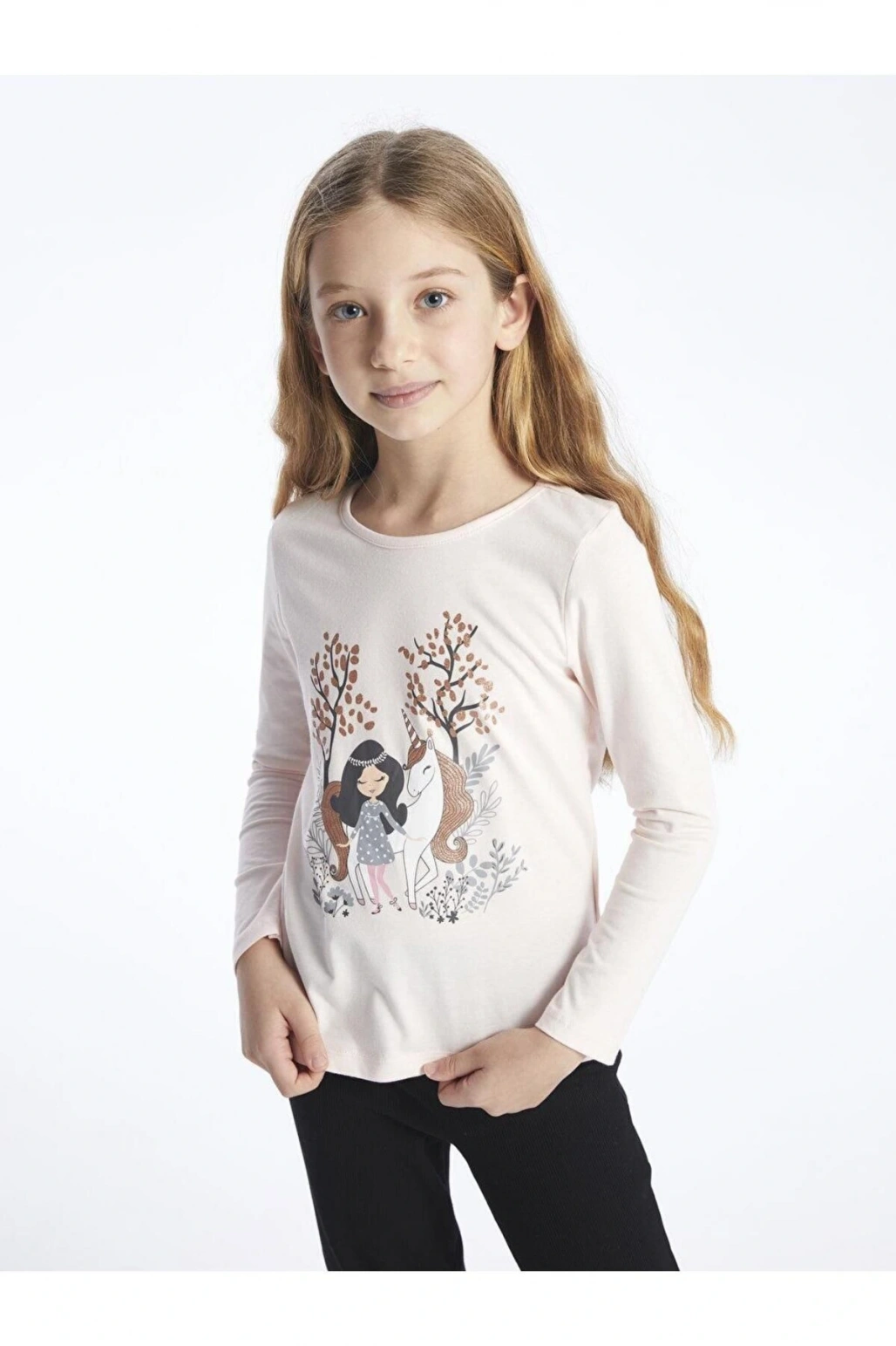 LCW Kids Bisiklet Yaka Baskılı Uzun Kollu Kız Çocuk Tişört