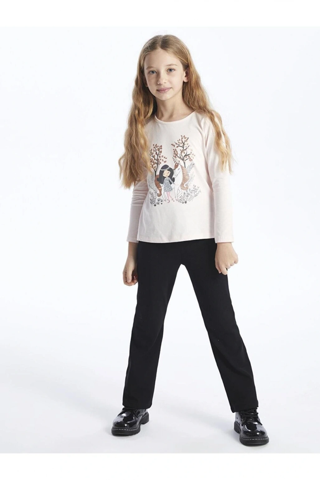 LCW Kids Bisiklet Yaka Baskılı Uzun Kollu Kız Çocuk Tişört
