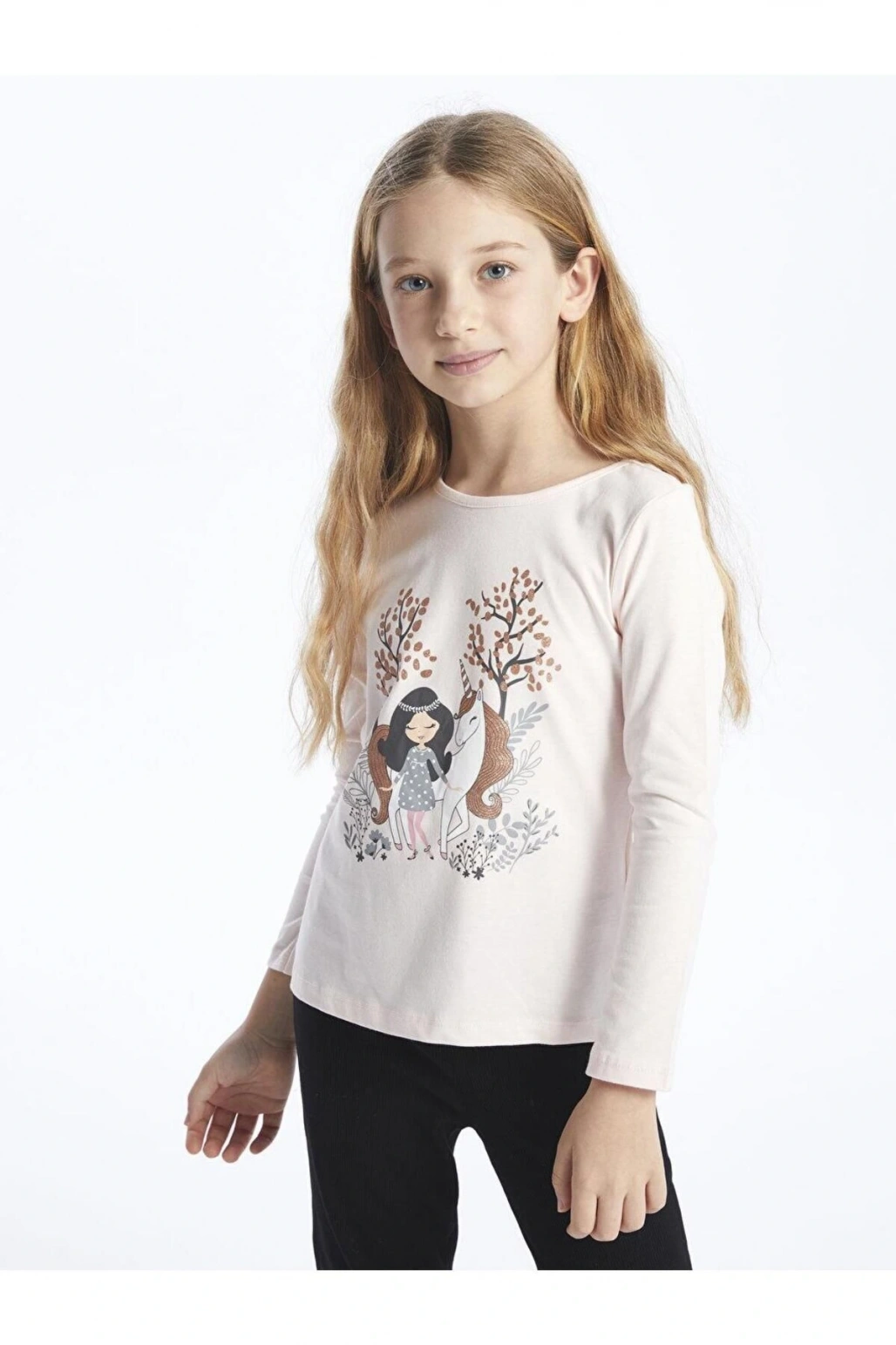 LCW Kids Bisiklet Yaka Baskılı Uzun Kollu Kız Çocuk Tişört