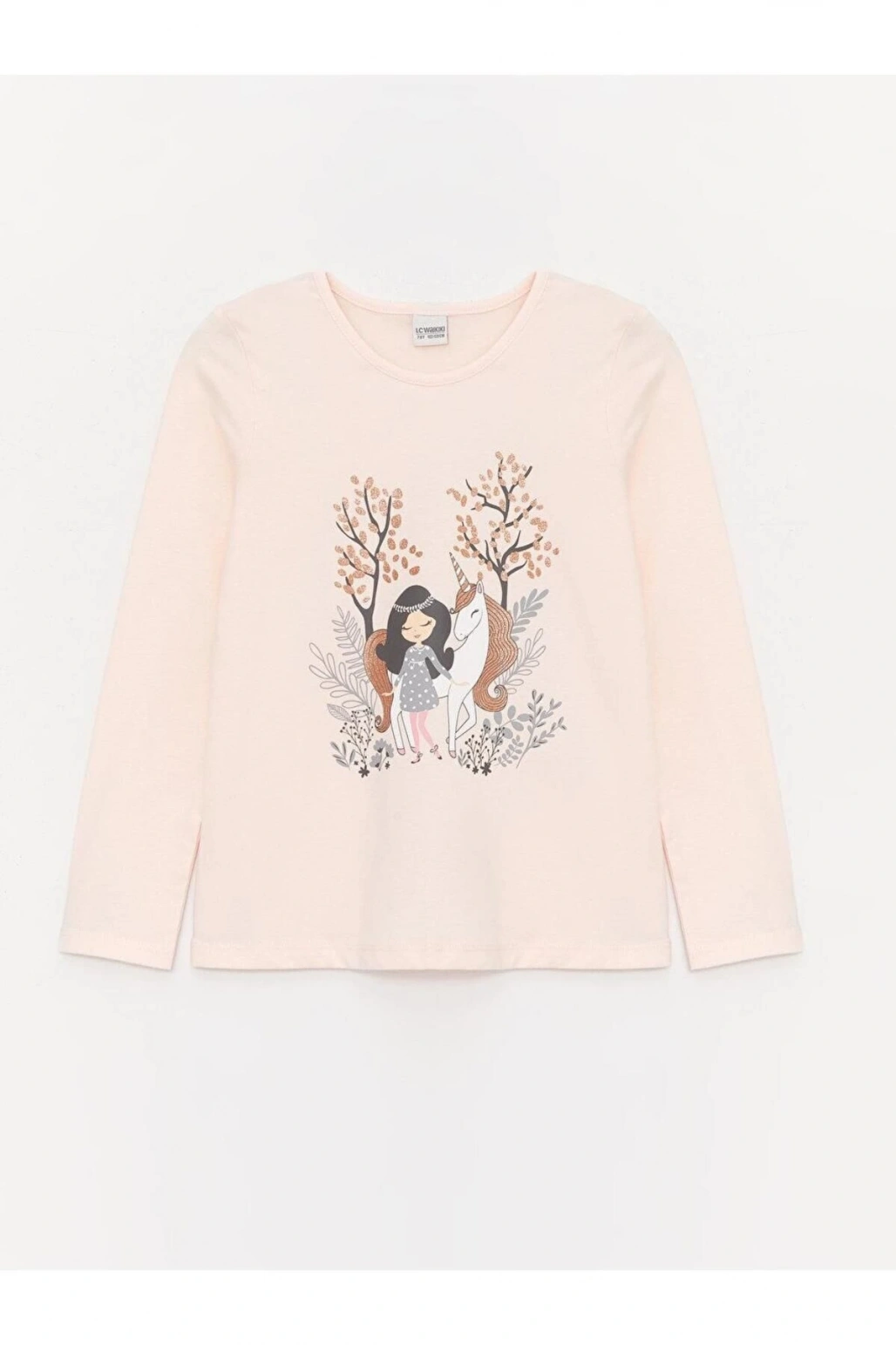 LCW Kids Bisiklet Yaka Baskılı Uzun Kollu Kız Çocuk Tişört