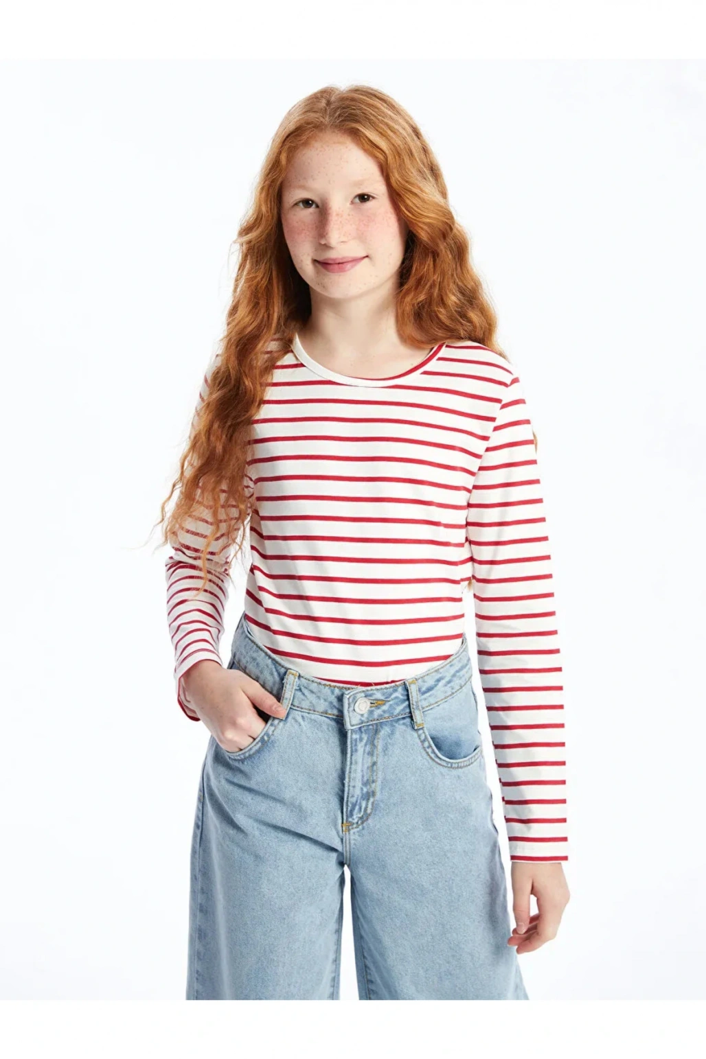 LCW Kids Bisiklet Yaka Çizgili Uzun Kollu Kız Çocuk Tişört (W4)