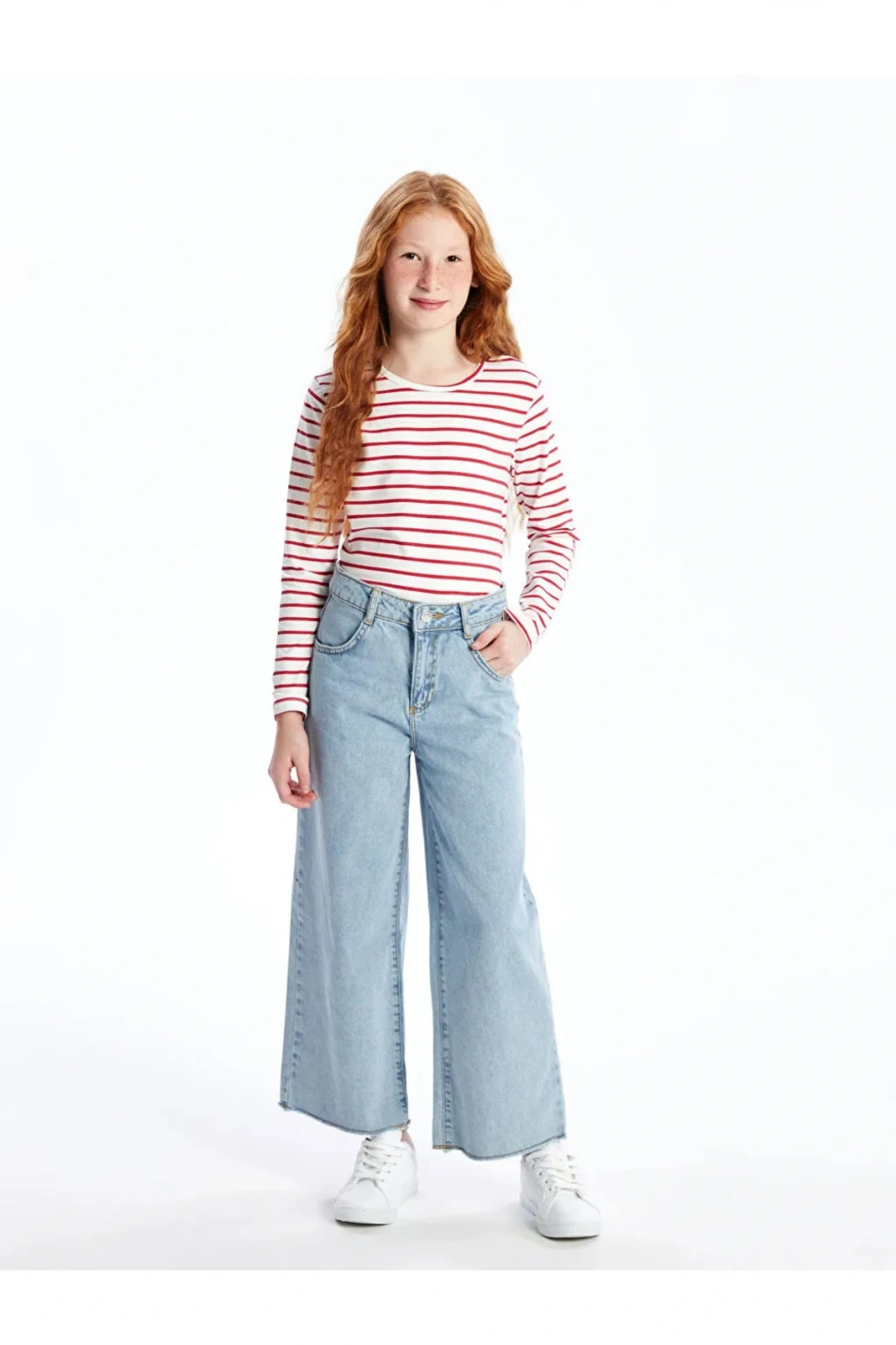 LCW Kids Bisiklet Yaka Çizgili Uzun Kollu Kız Çocuk Tişört (W4)