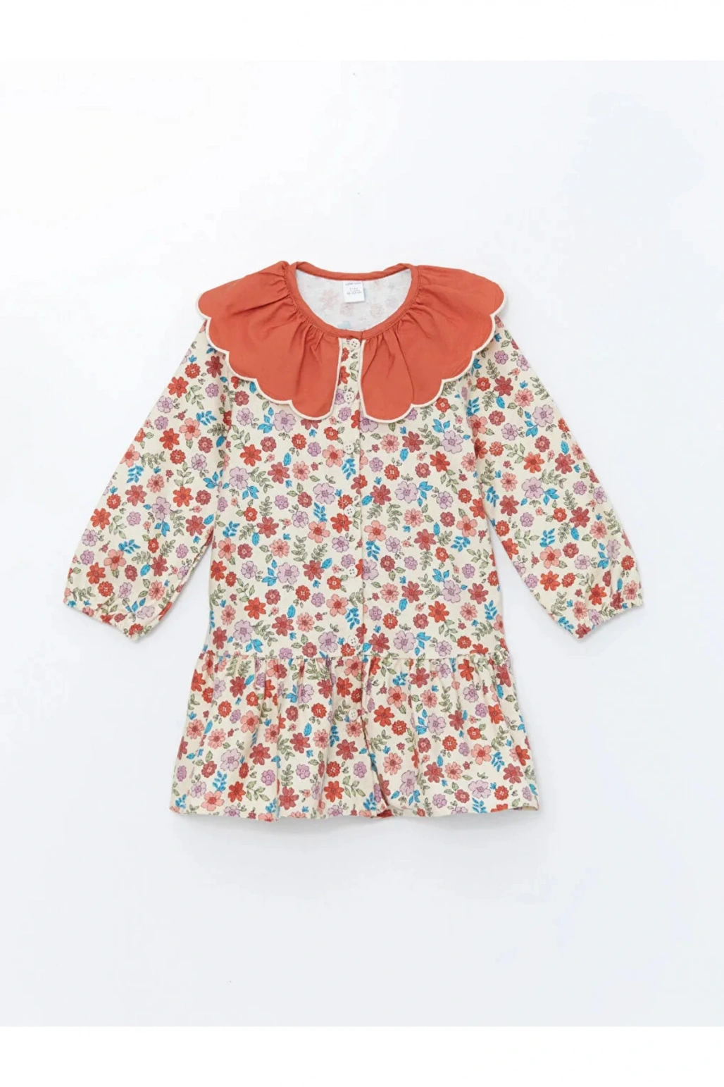 LCW Kids Bordo Baskılı Bebe Yaka Uzun Kollu Çiçekli Kız Çocuk Elbise