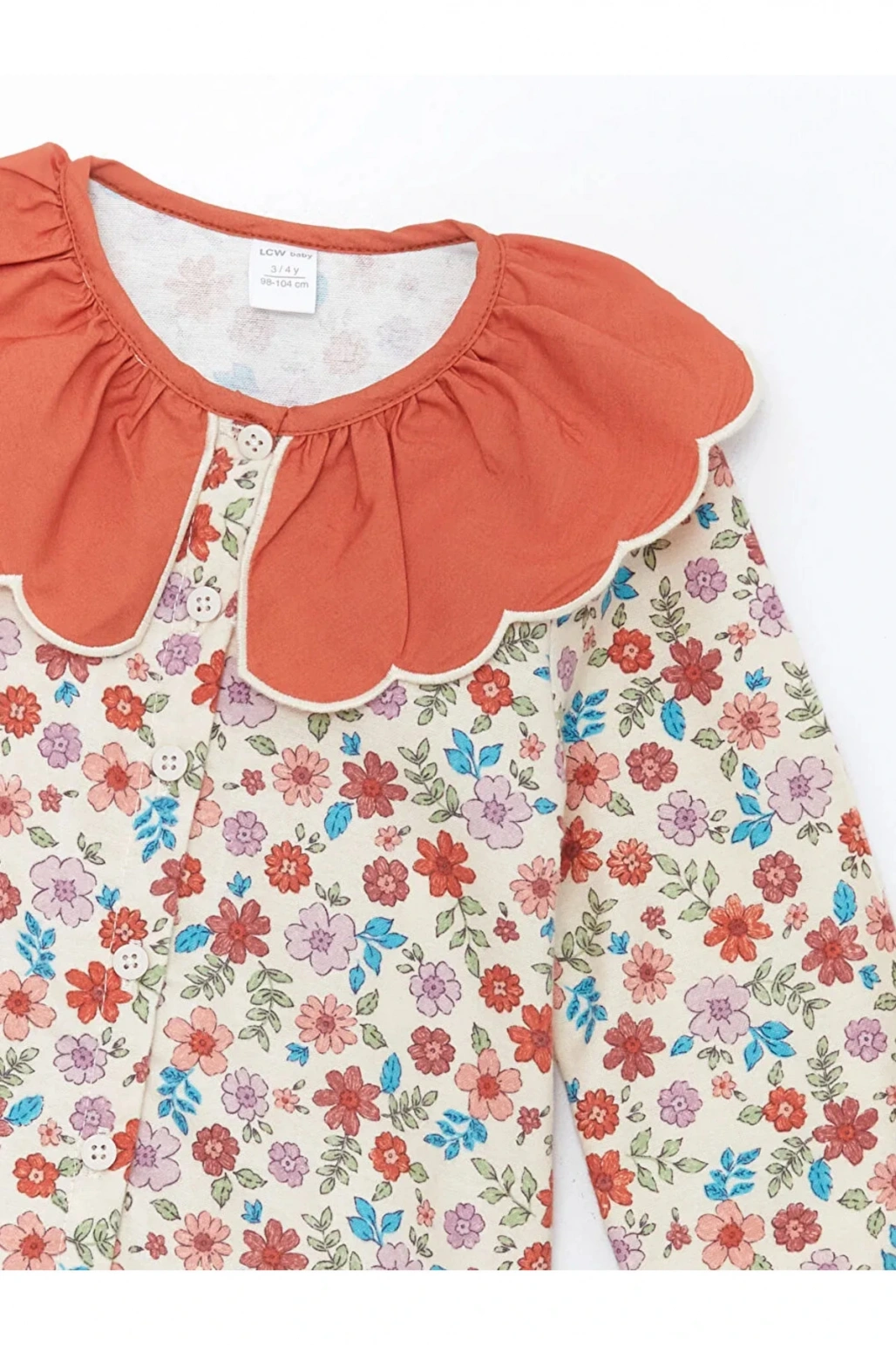 LCW Kids Bordo Baskılı Bebe Yaka Uzun Kollu Çiçekli Kız Çocuk Elbise