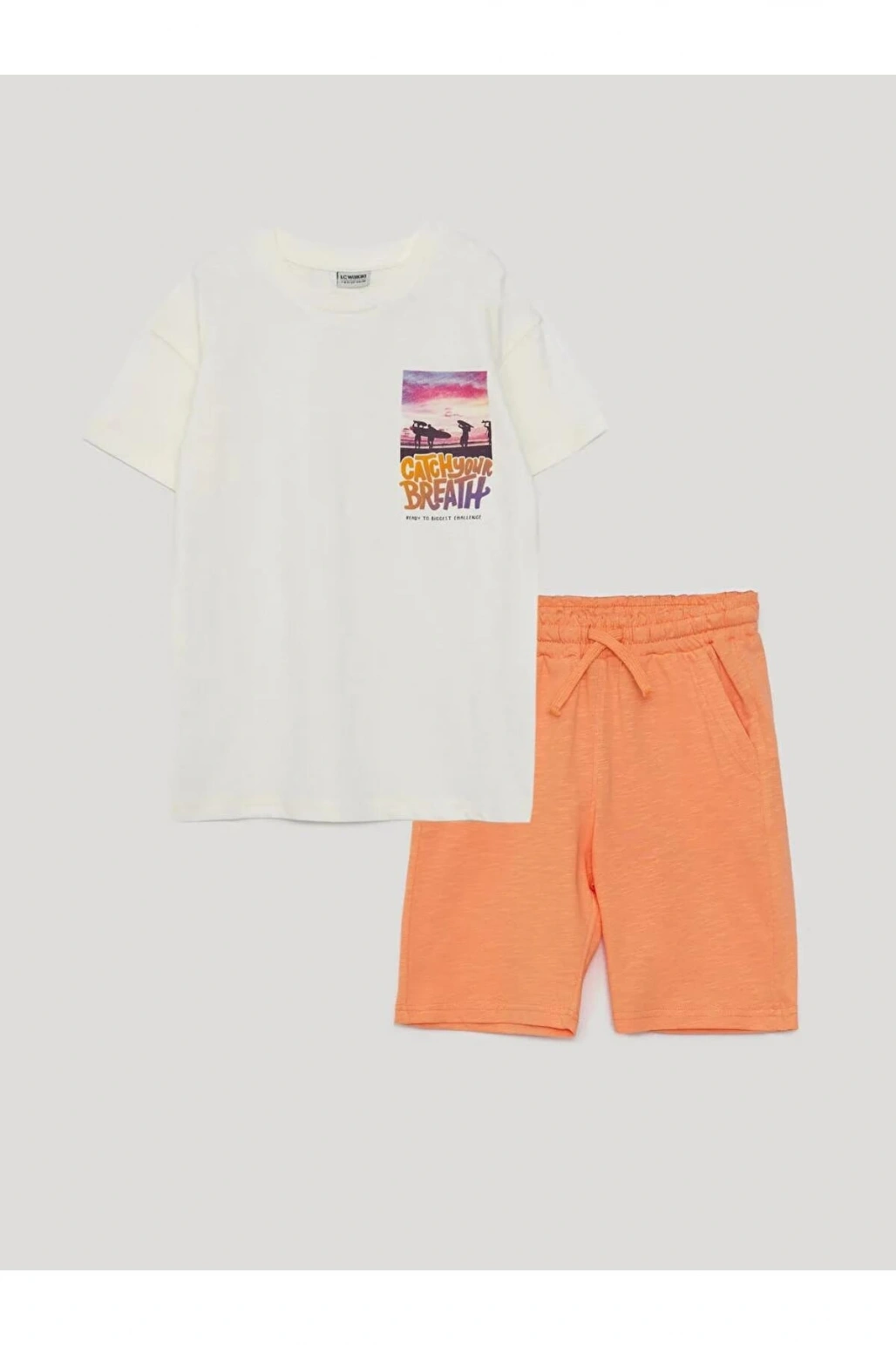 LCW Kids Ekru Bisiklet Yaka Baskılı Kısa Kollu Erkek Çocuk Tişört ve Bermuda