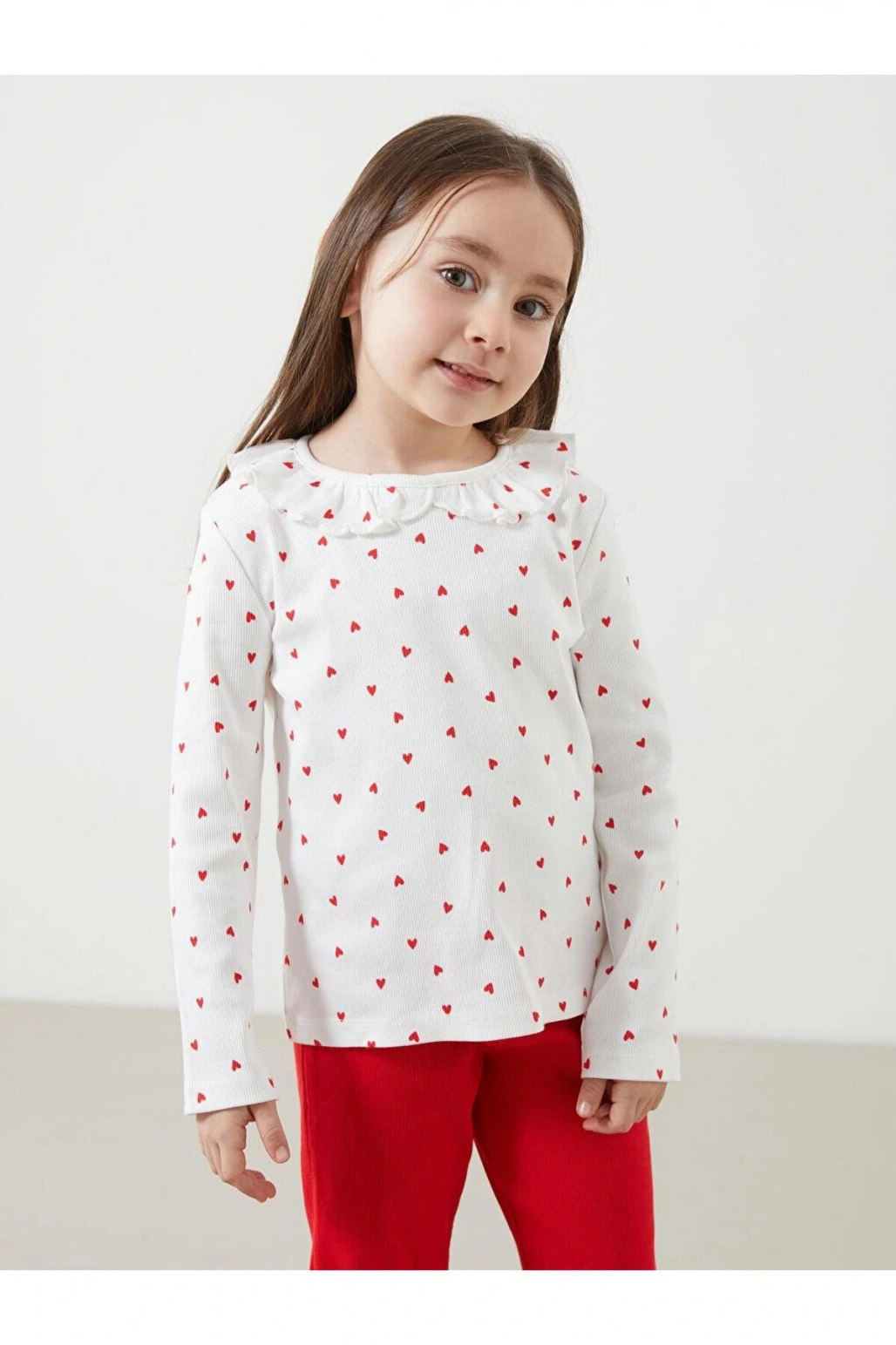 LCW Kids Ekru Bisiklet Yaka Baskılı Kız Çocuk Bluz ve Tayt Pantolon 2li